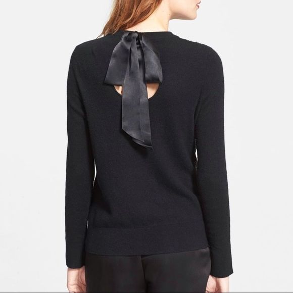 Kate Spade Black Sequin Front Satin Tie Back Sweater Cashmere Sparkle Size XS - Picture 2 of 8